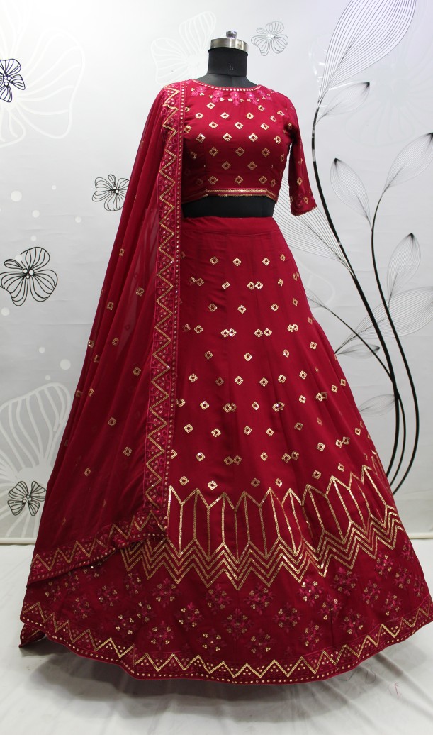 Embroidered Semi Stitched Lehenga Choli  RED